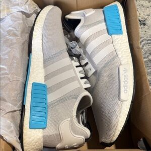 Adidas NMD R1 “Bright Cyan” Light Gray Sneakers with Blue Highlights